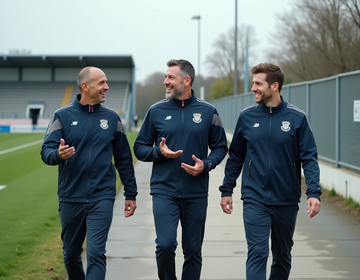 Groupe d'éducateurs de football du district 44 en discussion lors d'une visite d'un stade amateur en Loire-Atlantique