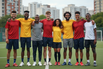 Groupe de jeunes souriants après un match de football en ville