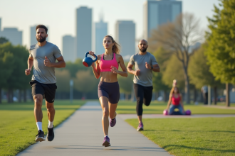 Jeunes adultes faisant du sport en plein air dans un parc urbain