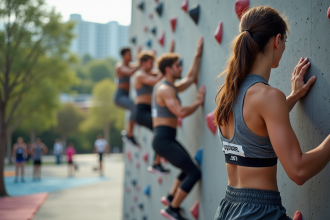 Groupe de jeunes en escalade urbaine dynamique