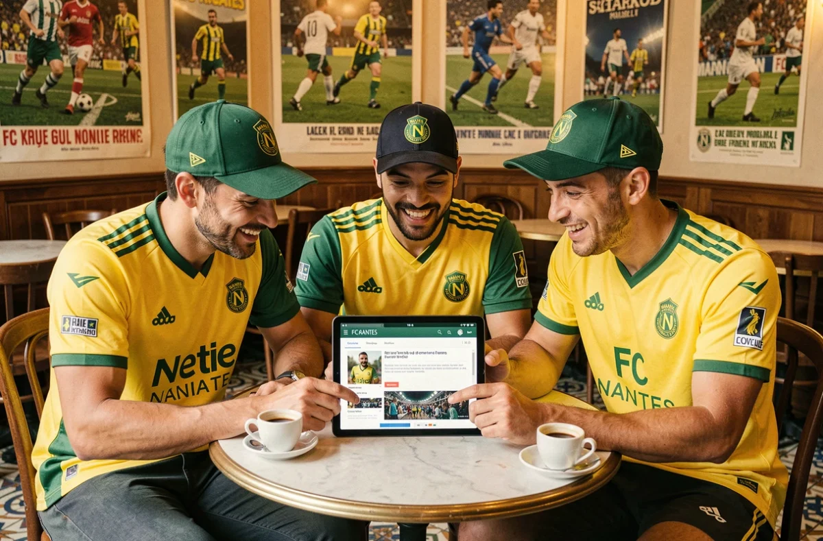 Groupe de supporters du FC Nantes lisant les actualités du club sur Info FCN autour d'une table de café