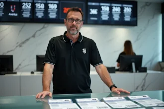 Employé du guichet de la Juventus présentant des billets à prix variables selon les matchs