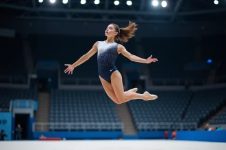 Jeune gymnaste en plein saut lors d'une compétition