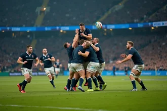 Deux joueurs de rugby s'affrontent en touche lors d'un match de H Cup devant un stade plein de supporters