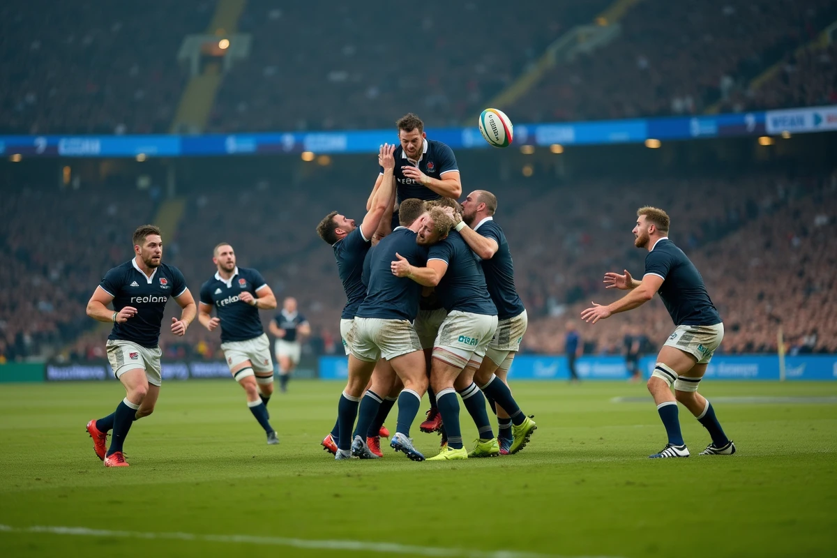 Deux joueurs de rugby s'affrontent en touche lors d'un match de H Cup devant un stade plein de supporters