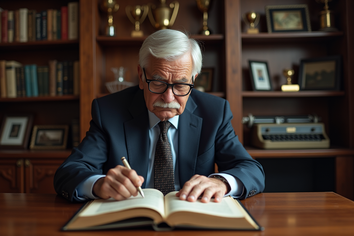 Homme âgé en costume examinant un livre dans un bureau ancien