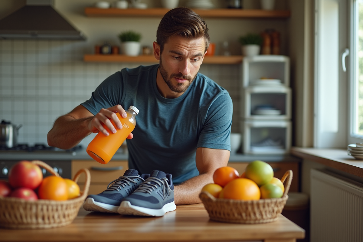 Homme athlétique buvant une boisson sportive dans la cuisine