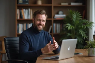 Homme en bureau moderne avec ordinateur et étagères
