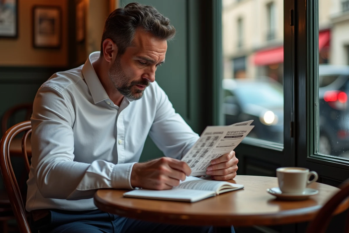 Homme lisant ses tickets de catch dans un café parisien