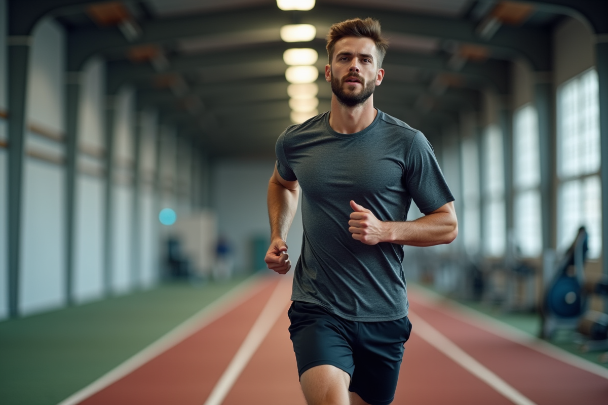 Homme courant sur un tapis de course en salle de sport