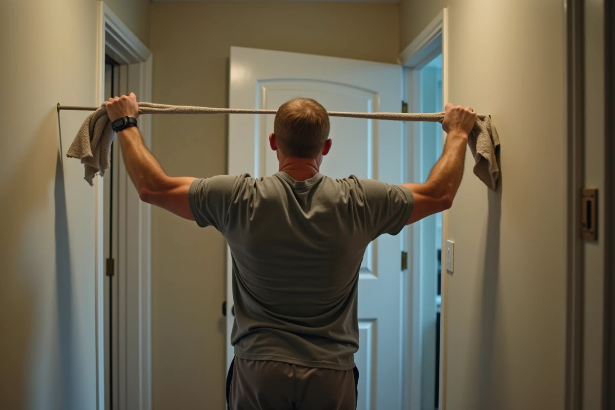 Homme improvisant un exercice de musculation avec une serviette