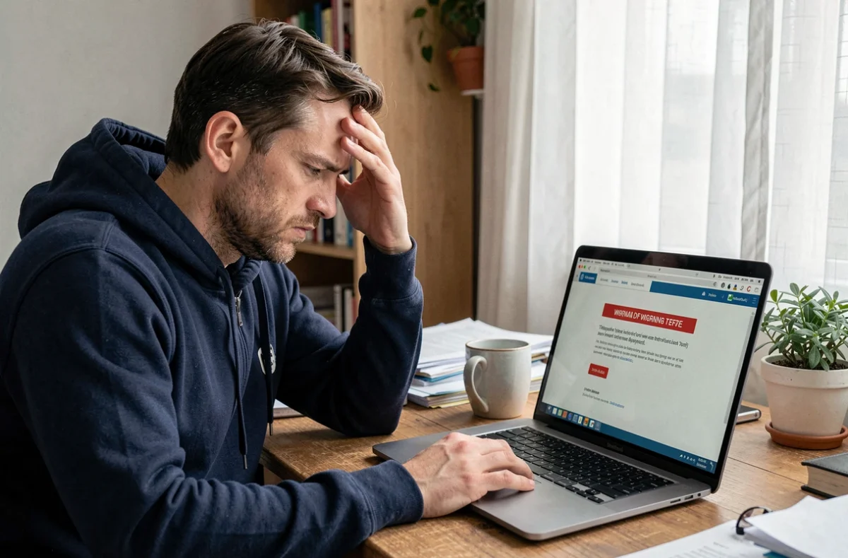 Homme frustré devant son ordinateur portable affichant une page d'erreur lors de la connexion à Footclub FFF