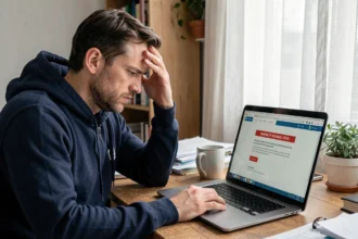 Homme frustré devant son ordinateur portable affichant une page d'erreur lors de la connexion à Footclub FFF