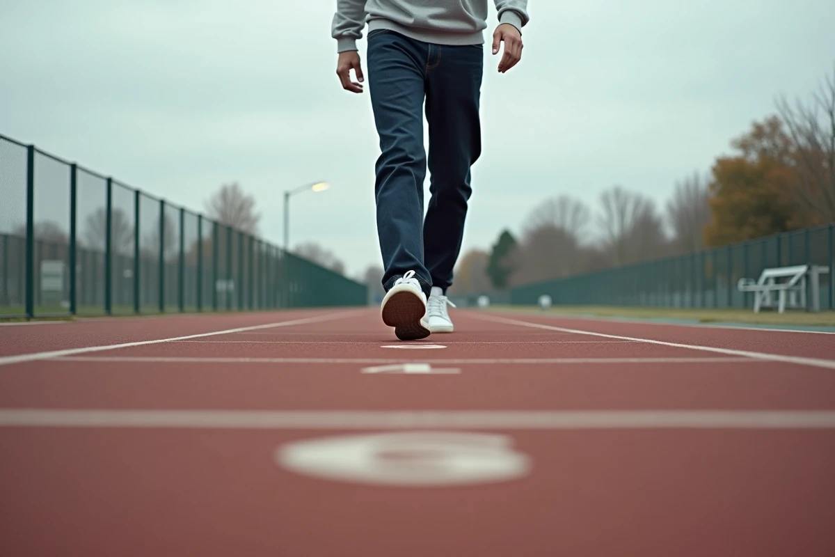 Grand homme mesurant la longueur de son pas sur une piste d'athlétisme pour convertir 7500 pas en kilomètres