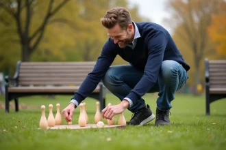 Homme souriant arrangeant des quilles de molkky dans un parc