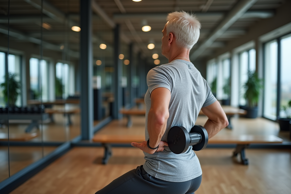 Homme de 60 ans utilisant rouleau de massage en salle de sport