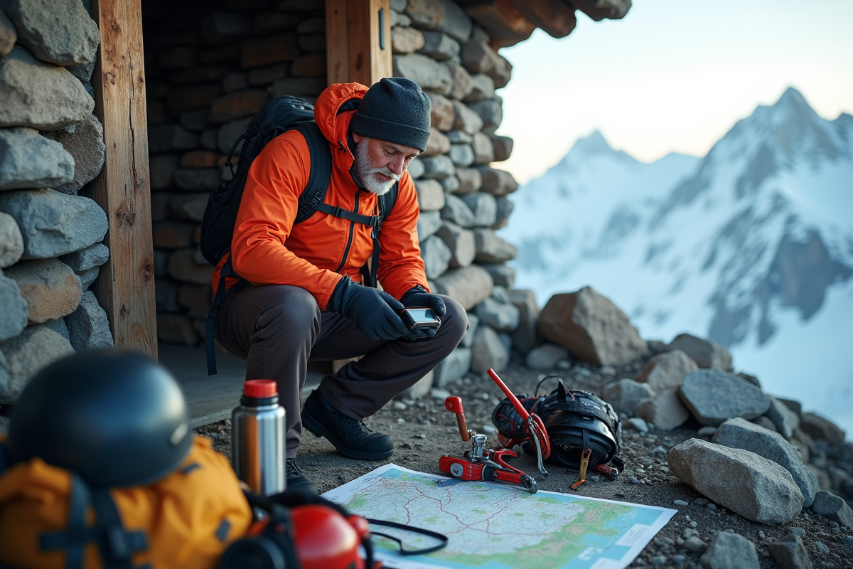 Homme vérifiant son équipement en montagne
