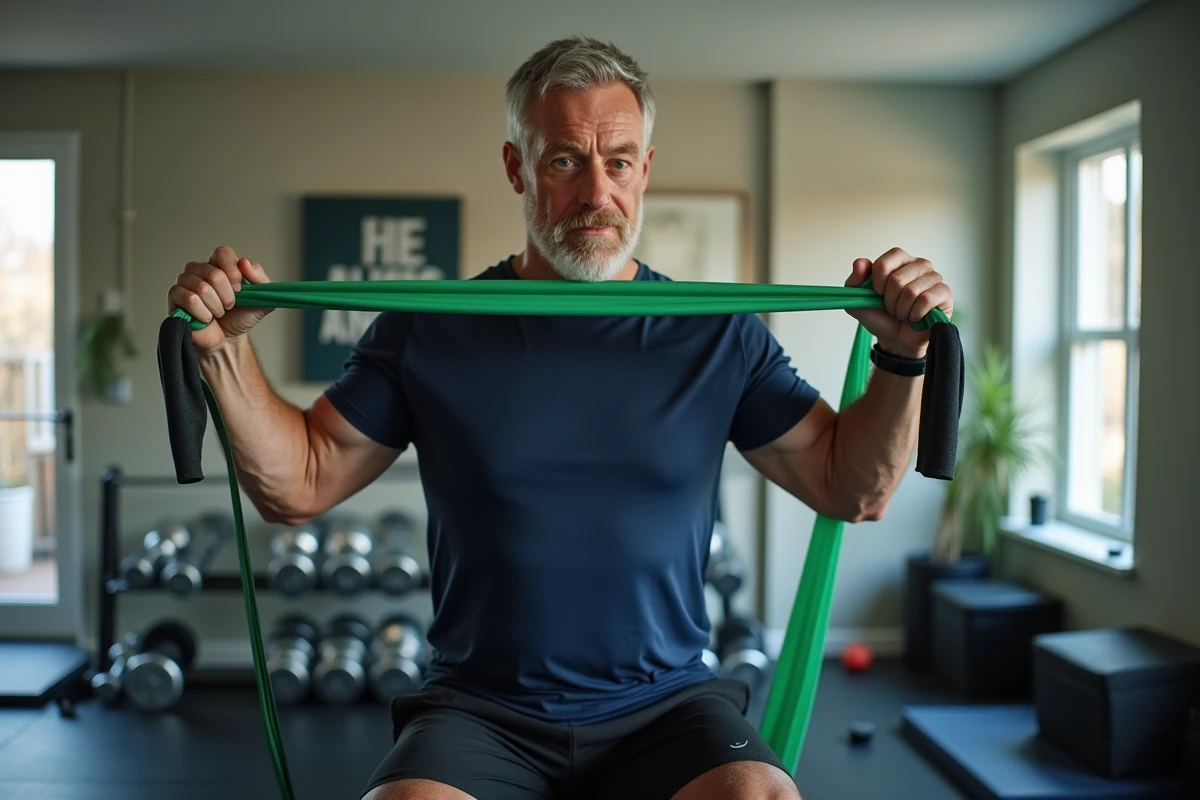 Homme faisant un curl avec bande de resistance verte