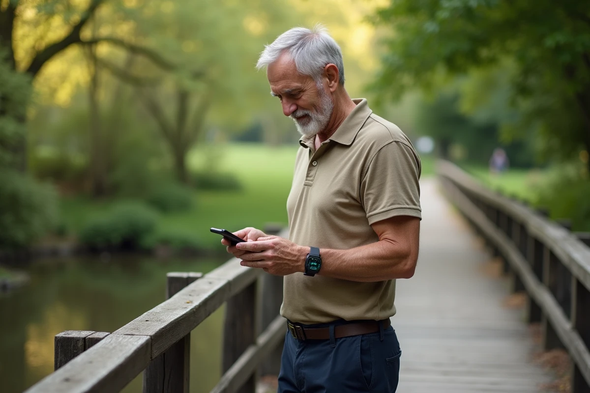 Homme d'âge mûr vérifiant son application de comptage de pas sur smartphone dans un parc verdoyant
