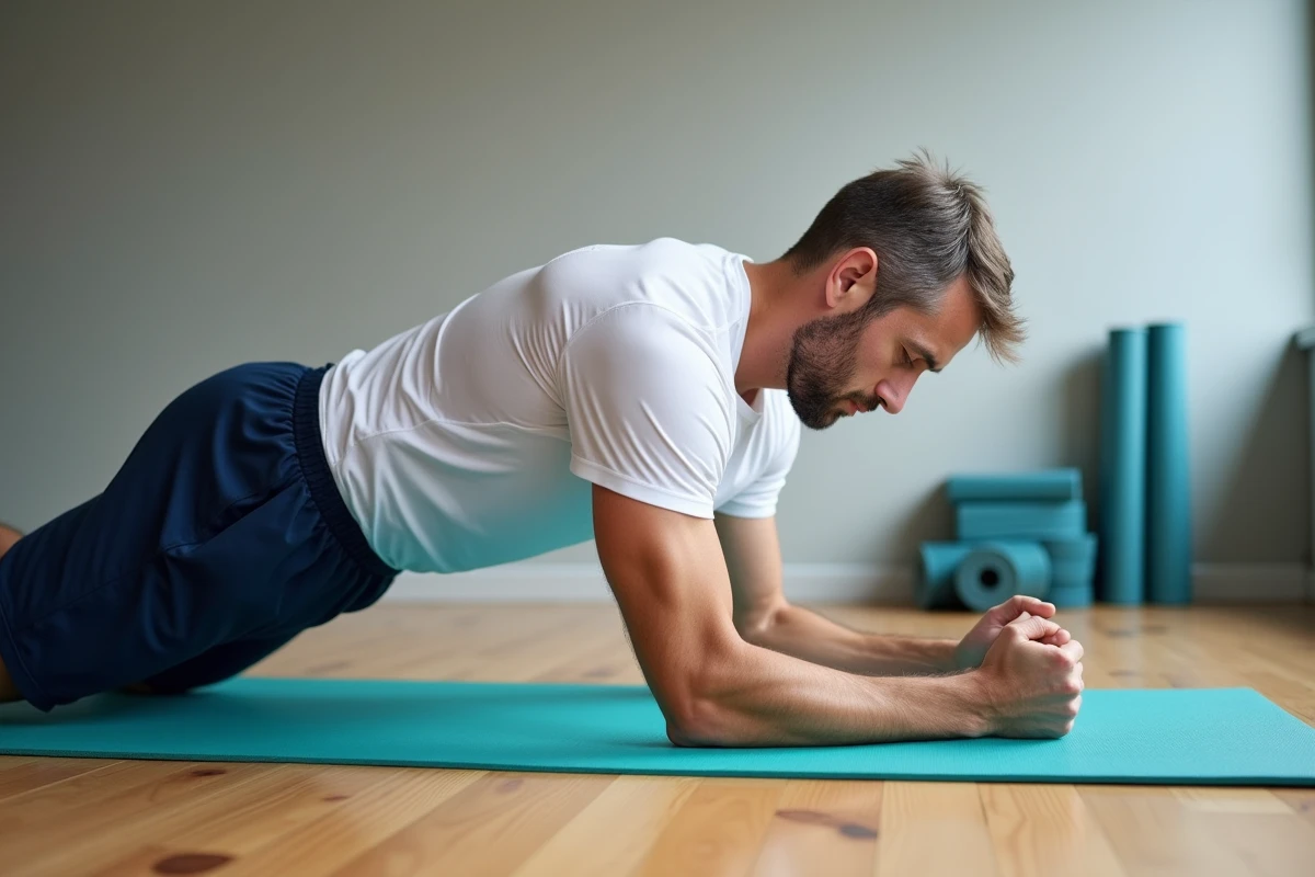 Homme en séance de Pilates dans une salle de sport communautaire, étirement de la colonne vertébrale pour retrouver la forme après une longue pause sportive