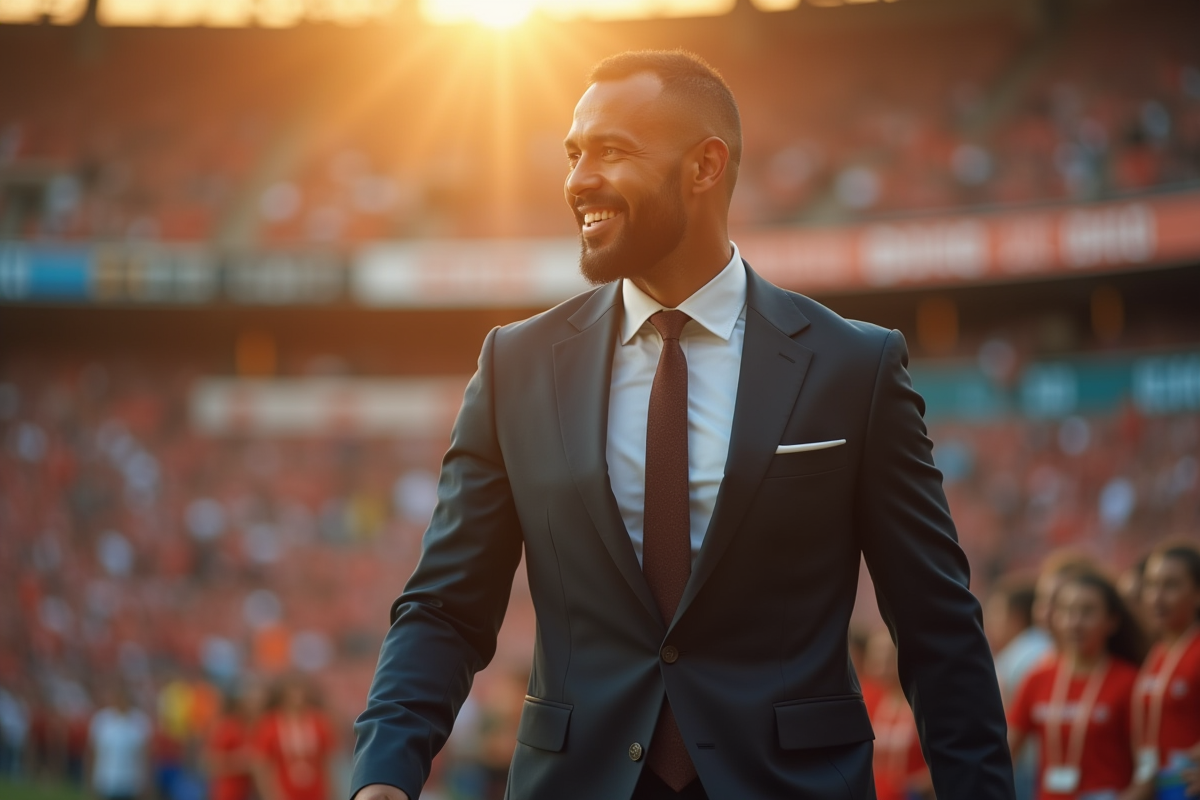 Homme polynesien en costume dans un stade en soirée