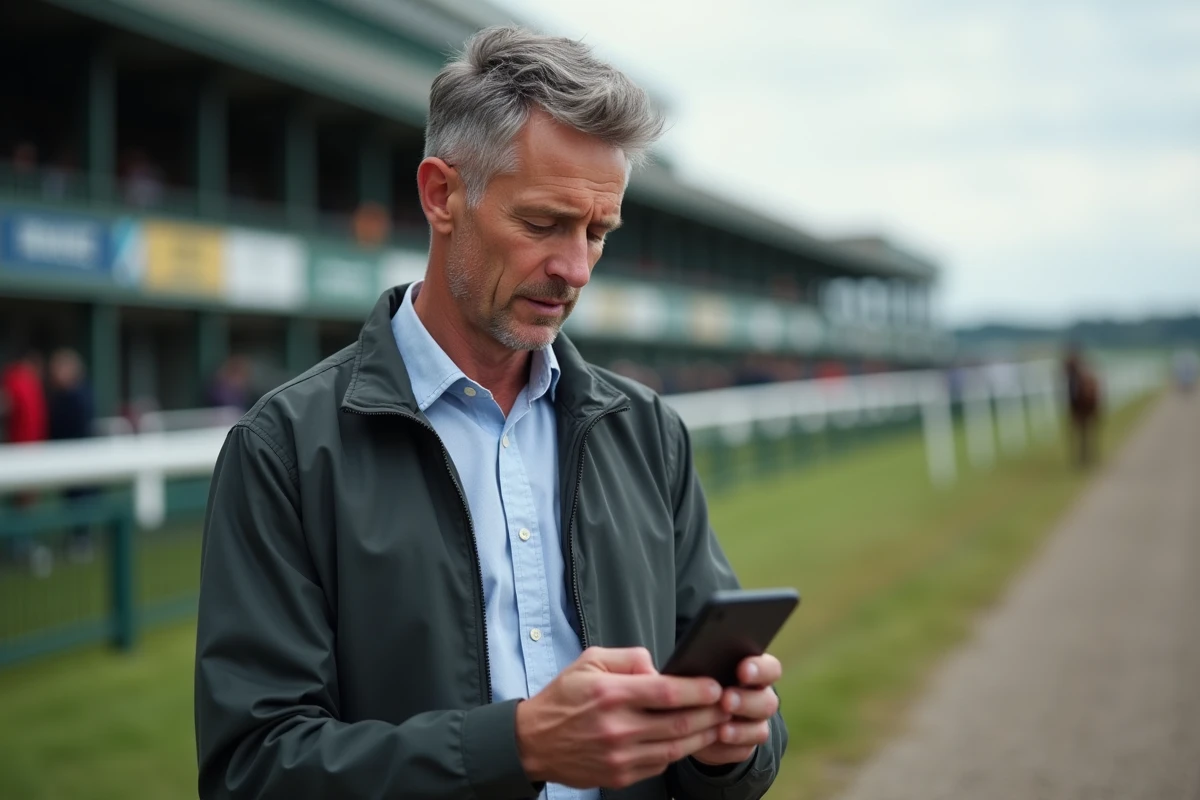 Homme vérifiant les entrées de courses trot en extérieur