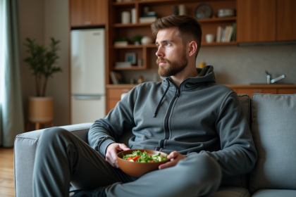 Homme détendu dans un salon avec salade à la main