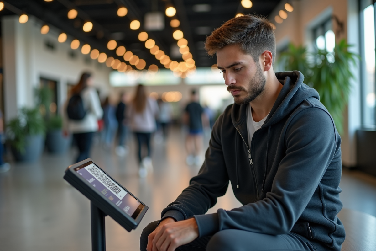 Jeune homme scannant un QR code dans un gym animé