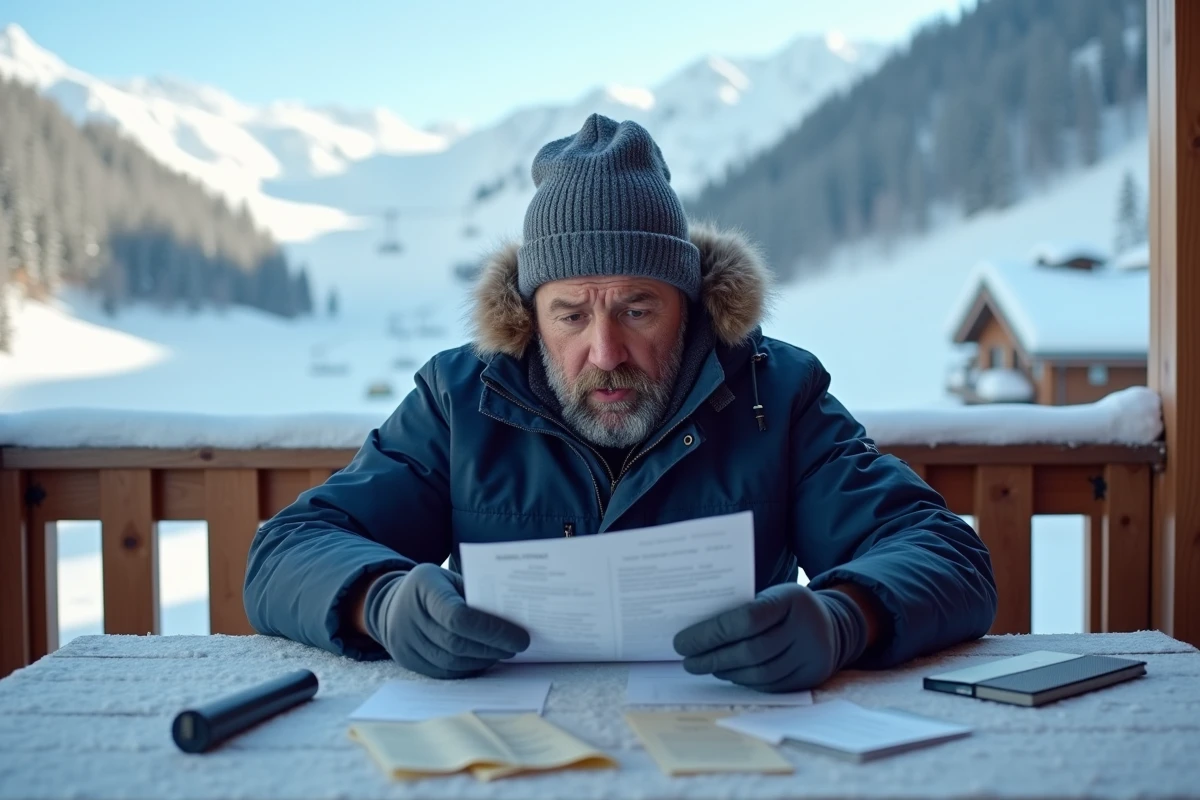 Homme en ski exaspéré examinant ses documents en montagne