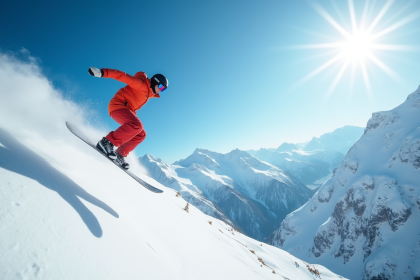 Jeune homme en snowboard en pleine action sur une pente enneigee
