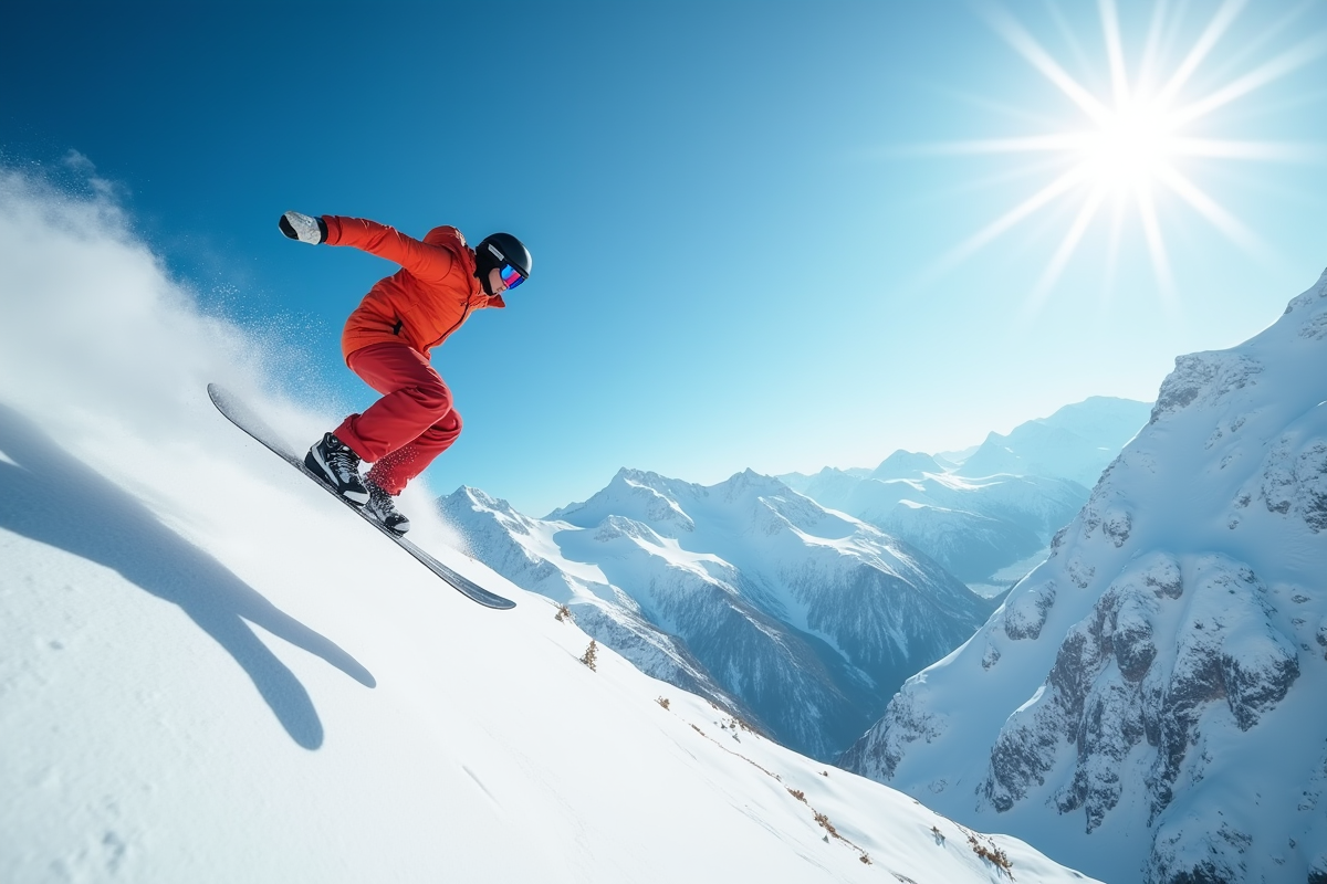 Jeune homme en snowboard en pleine action sur une pente enneigee