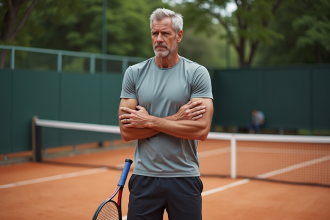 Homme d'âge moyen tenant une raquette de tennis sur un court en terre battue