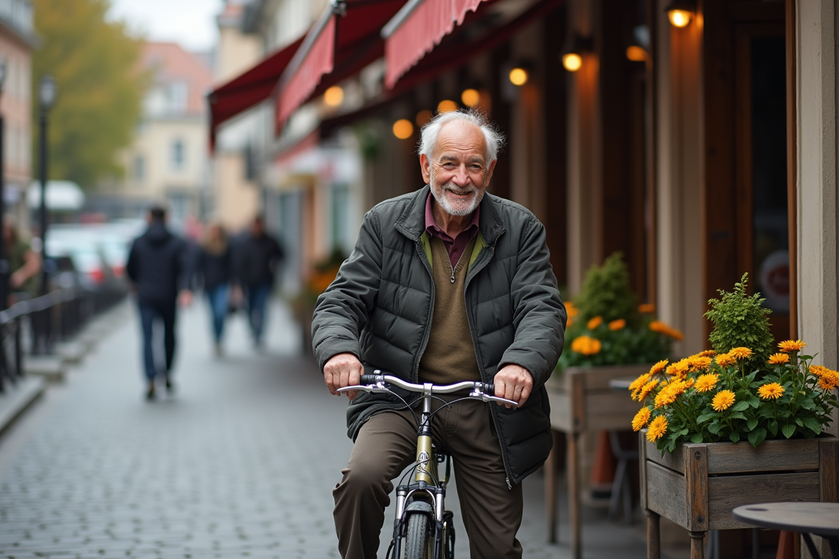 Homme âgé verrouillant son vélo devant un café animé