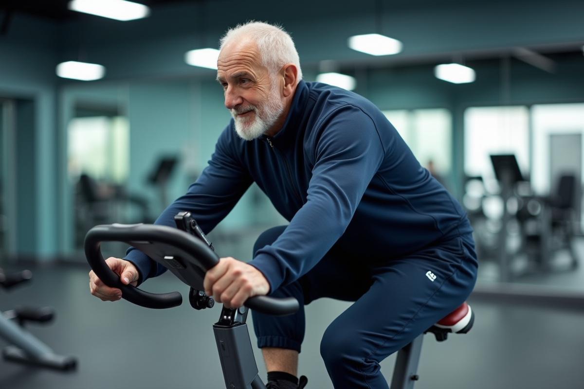Homme d age pedale sur velo en salle de fitness