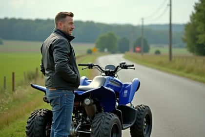 Homme en moto jacket près d'un Yamaha Raptor en campagne