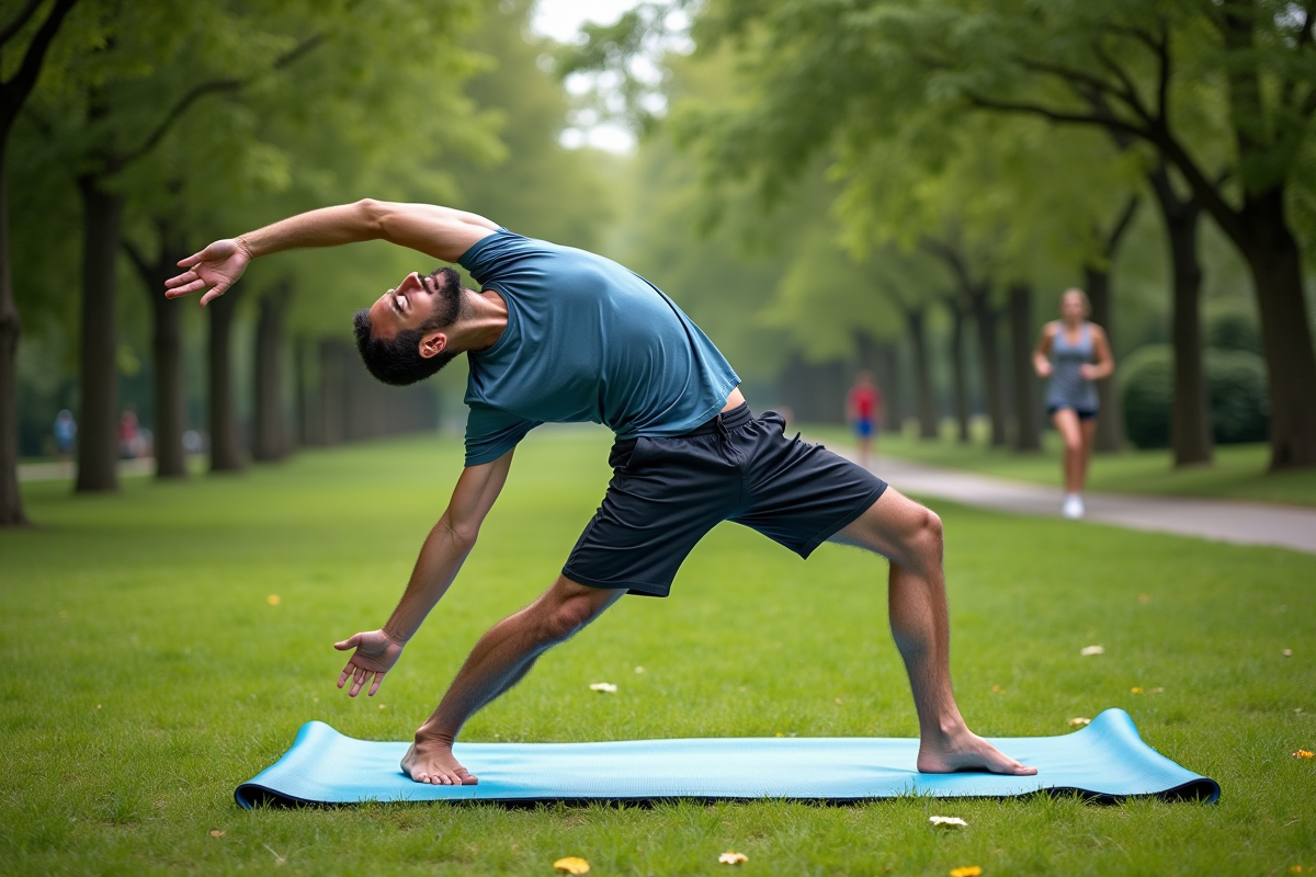 Homme en posture de yoga dans un parc verdoyant