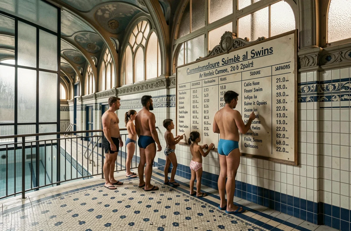 Famille consultant les horaires affichés à l'entrée de la piscine de la Butte aux Cailles avec son architecture historique parisienne