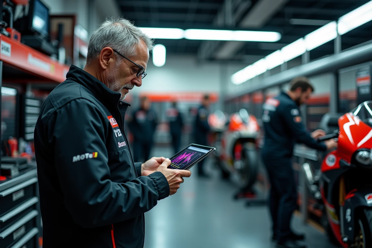 Ingénieur MotoGP analysant les données télémétrie dans le garage des stands, composants carbone et mécaniciens en arrière-plan lors d'un Grand Prix