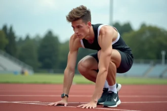 Jeune homme athlétique prêt à courir sur une piste extérieure