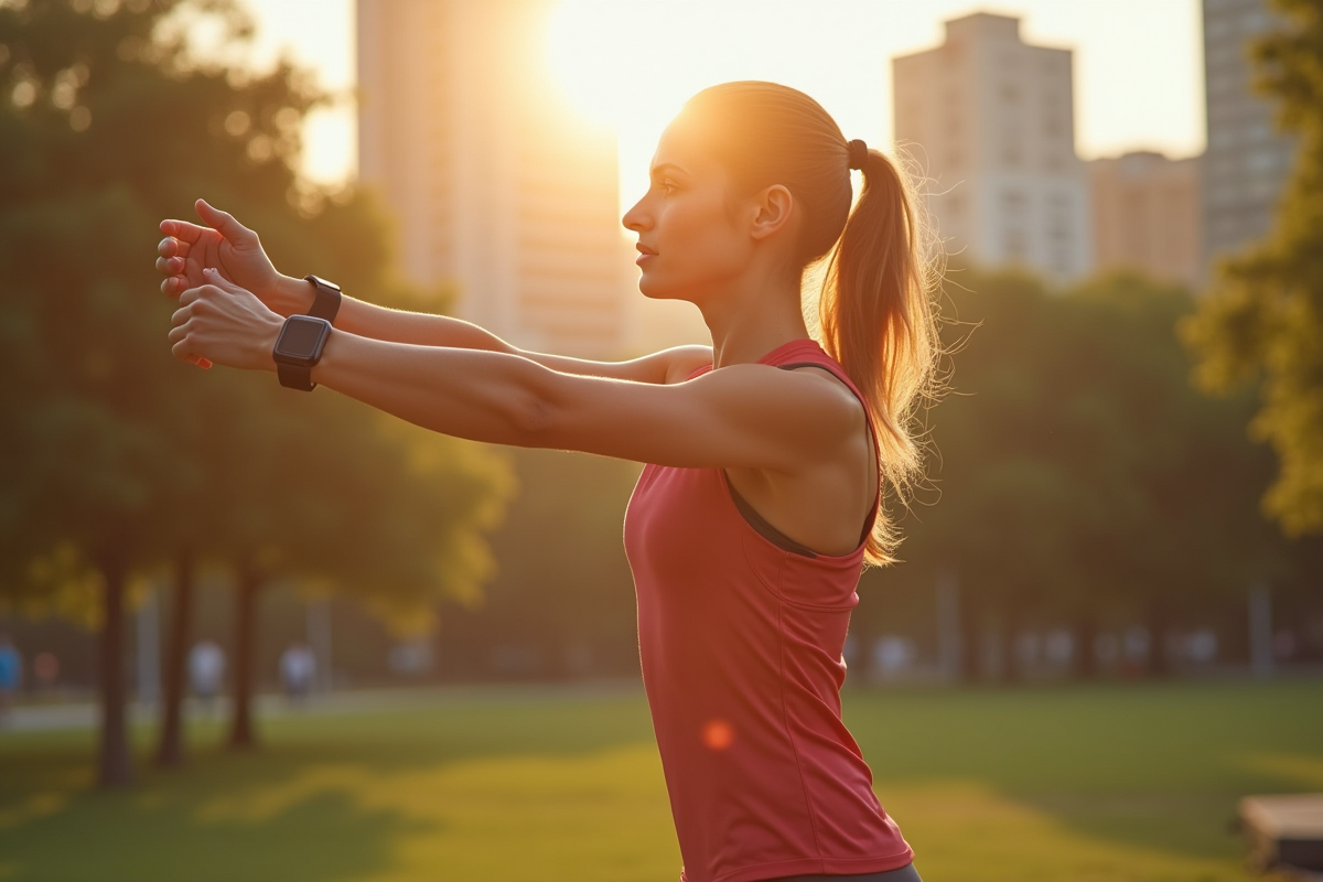 Jeune athlète en tenue de sport s'étirant au matin dans un parc