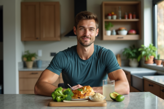 Jeune athlète mangeant un repas équilibré à la maison
