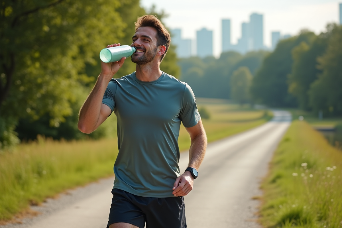 Jeune homme sportif boit dans une bouteille en plein air