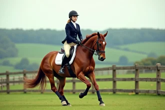 Jeune femme en tenue d'équitation galopant sur un cheval musclé