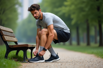 Jeune coureur en train de lacer ses chaussures dans un parc