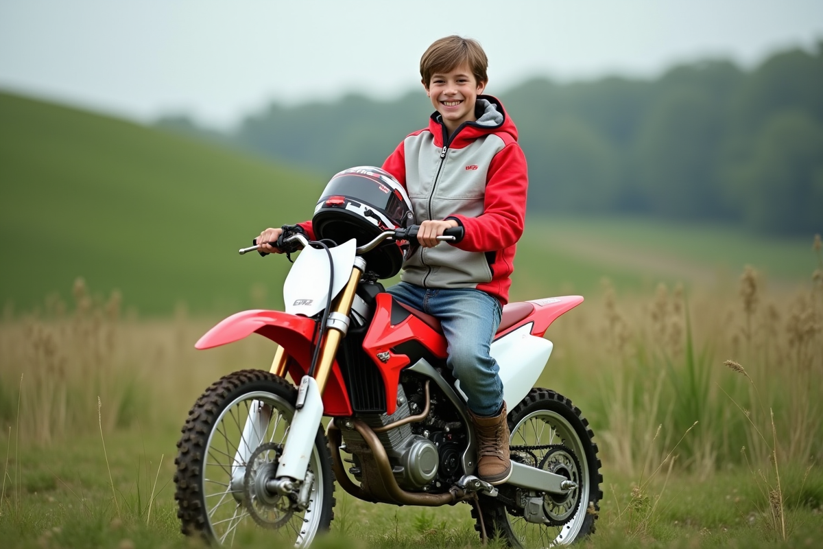 Jeune garçon souriant sur une dirt bike en campagne