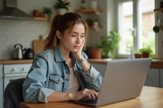 Jeune femme concentrée sur son ordinateur portable dans la cuisine