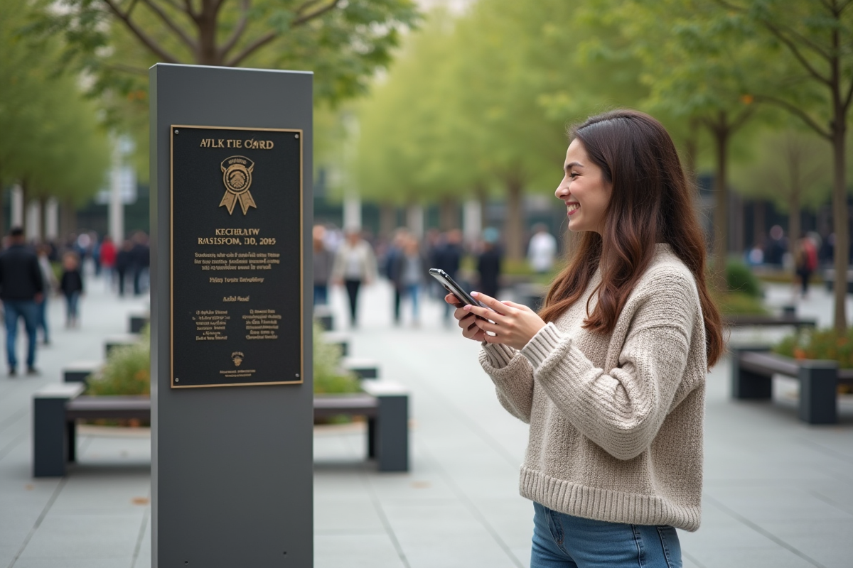 Jeune femme souriante découvrant une plaque de record dans un parc