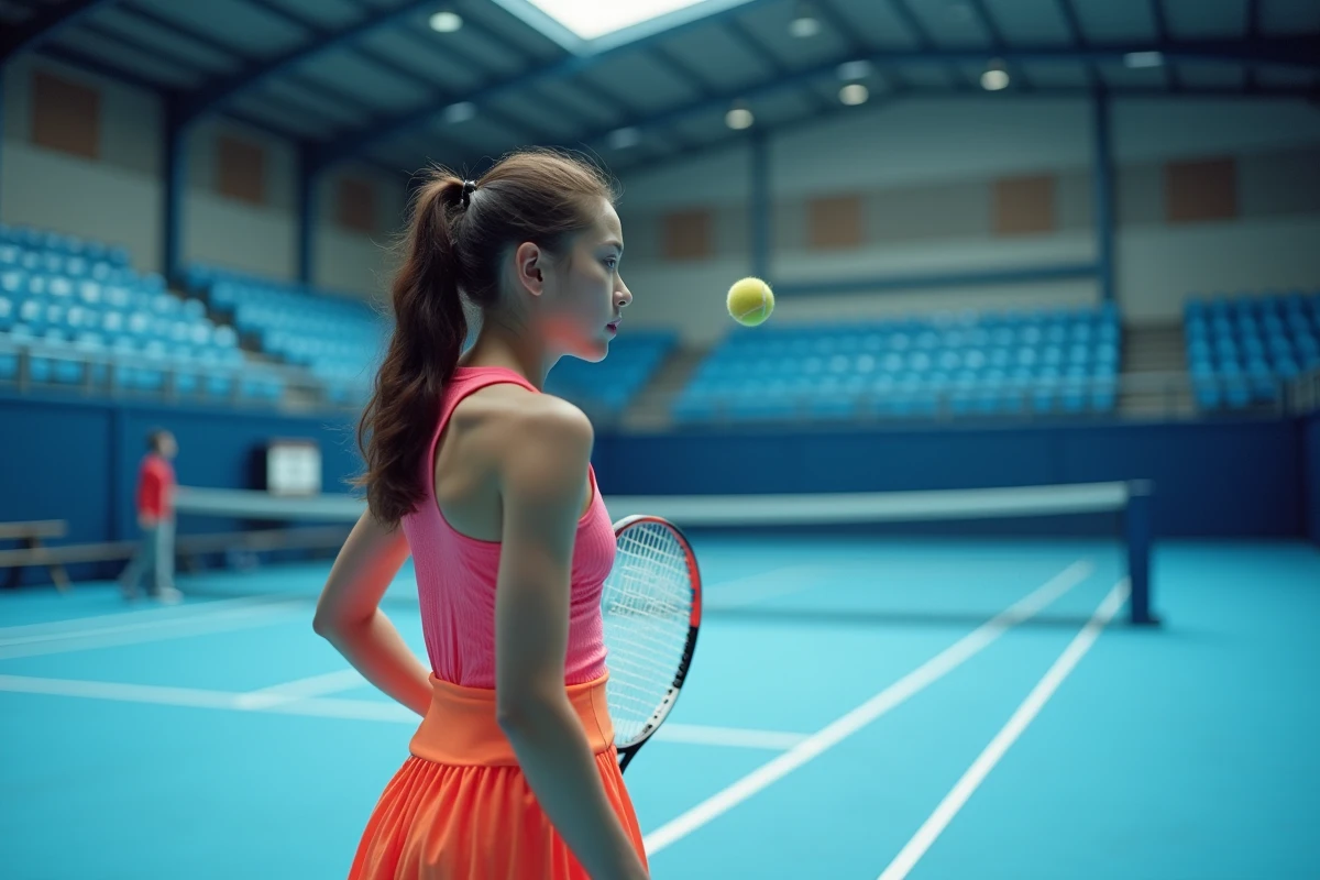 Jeune fille en tenue de tennis effectuant un service en intérieur