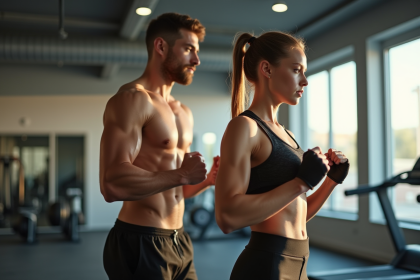 Jeune homme et femme sportifs dans une salle moderne