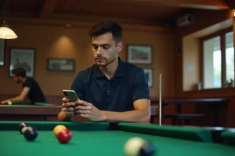Jeune homme au billard regardant son smartphone